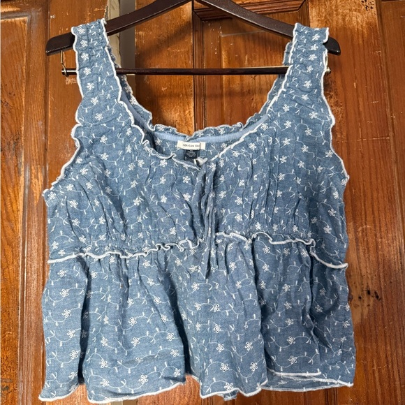 American Eagle Outfitters Tops - American Eagle Outfitters Denim Floral Ruffle Blouse